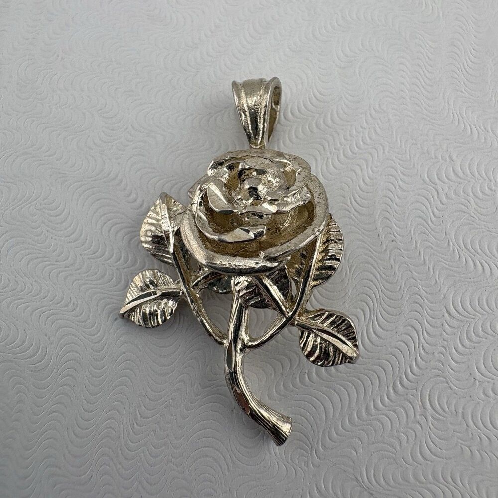 Rose Pendant 925 Sterling Silver Flower Leaves Sculptural Design 1⅜”